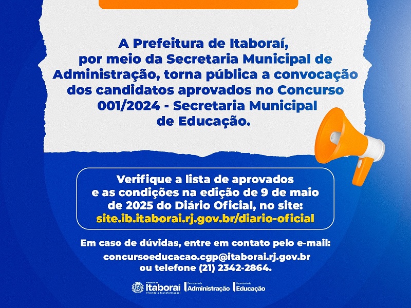 Prefeitura de Itaboraí convoca aprovados no concurso da Secretaria Municipal de Educação