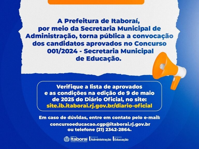 Prefeitura de Itaboraí convoca aprovados no concurso da Secretaria Municipal de Educação