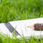 Pencil and notebook on grass