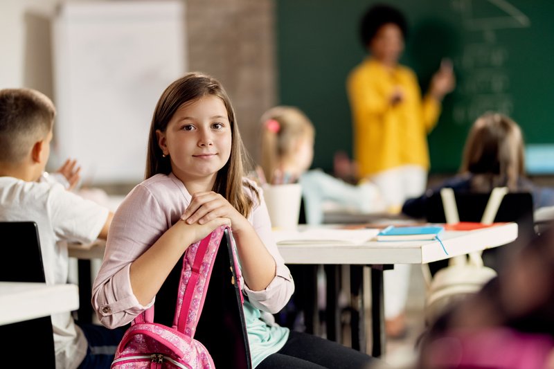 Cute schoolgirl looking at camera during a class in the classroo