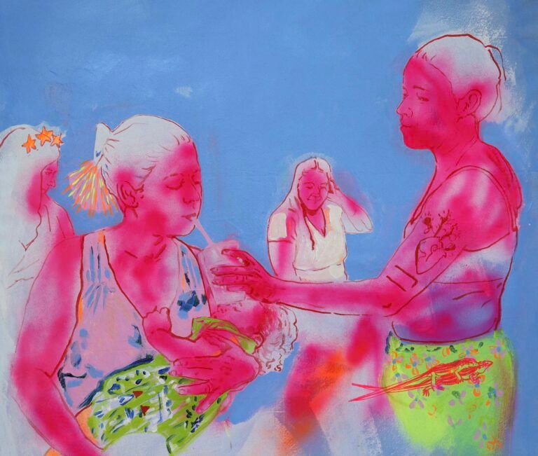 Leíner Hoki_Ambas Madres_2025_pintura_spray, tinta acrílica, tinta a óleo e tinta de tatuagem sobre tela